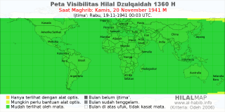 HilalMap: Peta Visibilitas Hilal Dzulqaidah 1360 H: rukyat tanggal 1941-11-20 M