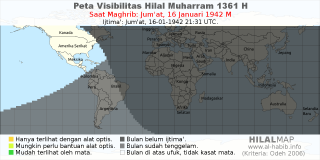 HilalMap: Peta Visibilitas Hilal Muharram 1361 H: rukyat tanggal 1942-1-16 M