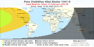 HilalMap: Peta Visibilitas Hilal Shafar 1361 H: rukyat tanggal 1942-2-15 M