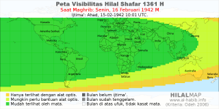 HilalMap: Peta Visibilitas Hilal Shafar 1361 H: rukyat tanggal 1942-2-16 M