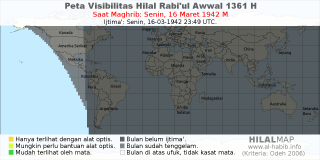 HilalMap: Peta Visibilitas Hilal Rabiul-Awwal 1361 H: rukyat tanggal 1942-3-16 M