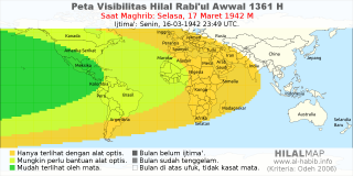 HilalMap: Peta Visibilitas Hilal Rabiul-Awwal 1361 H: rukyat tanggal 1942-3-17 M