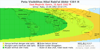 HilalMap: Peta Visibilitas Hilal Rabiul-Akhir 1361 H: rukyat tanggal 1942-4-16 M