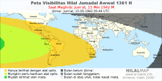 HilalMap: Peta Visibilitas Hilal Jumadal-Awwal 1361 H: rukyat tanggal 1942-5-15 M
