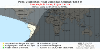 HilalMap: Peta Visibilitas Hilal Jumadal-Akhirah 1361 H: rukyat tanggal 1942-6-13 M