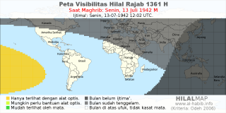 HilalMap: Peta Visibilitas Hilal Rajab 1361 H: rukyat tanggal 1942-7-13 M