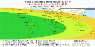 HilalMap: Peta Visibilitas Hilal Rajab 1361 H: rukyat tanggal 1942-7-14 M