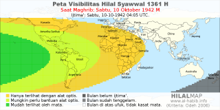 HilalMap: Peta Visibilitas Hilal Syawwal 1361 H: rukyat tanggal 1942-10-10 M