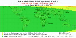 HilalMap: Peta Visibilitas Hilal Syawwal 1361 H: rukyat tanggal 1942-10-11 M