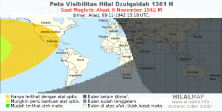 HilalMap: Peta Visibilitas Hilal Dzulqaidah 1361 H: rukyat tanggal 1942-11-8 M
