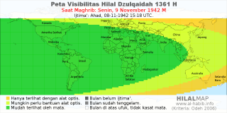 HilalMap: Peta Visibilitas Hilal Dzulqaidah 1361 H: rukyat tanggal 1942-11-9 M