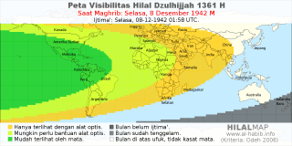HilalMap: Peta Visibilitas Hilal Dzulhijjah 1361 H: rukyat tanggal 1942-12-8 M