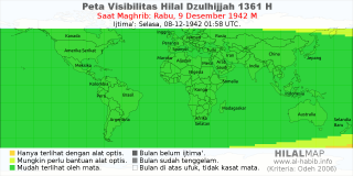 HilalMap: Peta Visibilitas Hilal Dzulhijjah 1361 H: rukyat tanggal 1942-12-9 M