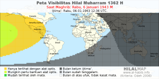 HilalMap: Peta Visibilitas Hilal Muharram 1362 H: rukyat tanggal 1943-1-6 M