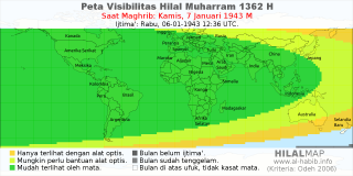 HilalMap: Peta Visibilitas Hilal Muharram 1362 H: rukyat tanggal 1943-1-7 M