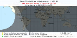 HilalMap: Peta Visibilitas Hilal Shafar 1362 H: rukyat tanggal 1943-2-4 M