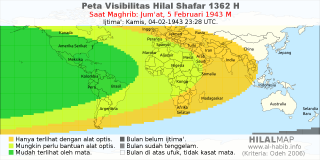 HilalMap: Peta Visibilitas Hilal Shafar 1362 H: rukyat tanggal 1943-2-5 M