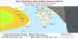 HilalMap: Peta Visibilitas Hilal Rabiul-Awwal 1362 H: rukyat tanggal 1943-3-6 M