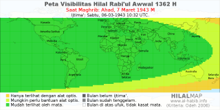 HilalMap: Peta Visibilitas Hilal Rabiul-Awwal 1362 H: rukyat tanggal 1943-3-7 M