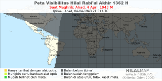 HilalMap: Peta Visibilitas Hilal Rabiul-Akhir 1362 H: rukyat tanggal 1943-4-4 M