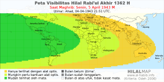 HilalMap: Peta Visibilitas Hilal Rabiul-Akhir 1362 H: rukyat tanggal 1943-4-5 M