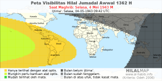 HilalMap: Peta Visibilitas Hilal Jumadal-Awwal 1362 H: rukyat tanggal 1943-5-4 M