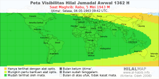 HilalMap: Peta Visibilitas Hilal Jumadal-Awwal 1362 H: rukyat tanggal 1943-5-5 M