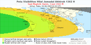 HilalMap: Peta Visibilitas Hilal Jumadal-Akhirah 1362 H: rukyat tanggal 1943-6-3 M