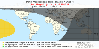 HilalMap: Peta Visibilitas Hilal Rajab 1362 H: rukyat tanggal 1943-7-2 M