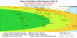 HilalMap: Peta Visibilitas Hilal Rajab 1362 H: rukyat tanggal 1943-7-3 M