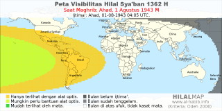 HilalMap: Peta Visibilitas Hilal Syaban 1362 H: rukyat tanggal 1943-8-1 M