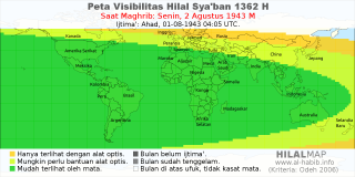 HilalMap: Peta Visibilitas Hilal Syaban 1362 H: rukyat tanggal 1943-8-2 M