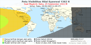 HilalMap: Peta Visibilitas Hilal Syawwal 1362 H: rukyat tanggal 1943-9-29 M