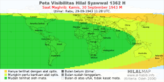 HilalMap: Peta Visibilitas Hilal Syawwal 1362 H: rukyat tanggal 1943-9-30 M