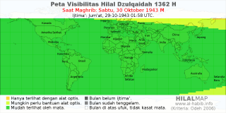 HilalMap: Peta Visibilitas Hilal Dzulqaidah 1362 H: rukyat tanggal 1943-10-30 M