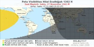 HilalMap: Peta Visibilitas Hilal Dzulhijjah 1362 H: rukyat tanggal 1943-11-27 M