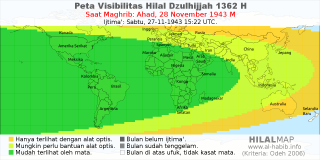 HilalMap: Peta Visibilitas Hilal Dzulhijjah 1362 H: rukyat tanggal 1943-11-28 M