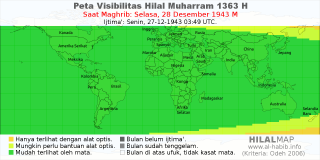 HilalMap: Peta Visibilitas Hilal Muharram 1363 H: rukyat tanggal 1943-12-28 M