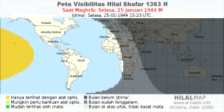 HilalMap: Peta Visibilitas Hilal Shafar 1363 H: rukyat tanggal 1944-1-25 M