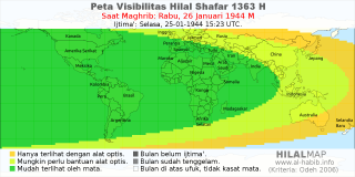 HilalMap: Peta Visibilitas Hilal Shafar 1363 H: rukyat tanggal 1944-1-26 M