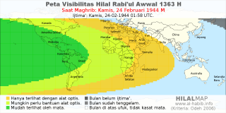 HilalMap: Peta Visibilitas Hilal Rabiul-Awwal 1363 H: rukyat tanggal 1944-2-24 M