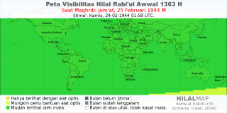 HilalMap: Peta Visibilitas Hilal Rabiul-Awwal 1363 H: rukyat tanggal 1944-2-25 M