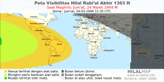 HilalMap: Peta Visibilitas Hilal Rabiul-Akhir 1363 H: rukyat tanggal 1944-3-24 M