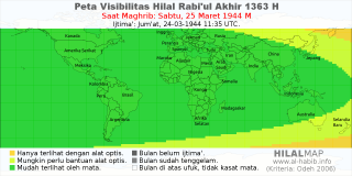 HilalMap: Peta Visibilitas Hilal Rabiul-Akhir 1363 H: rukyat tanggal 1944-3-25 M