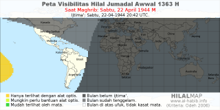 HilalMap: Peta Visibilitas Hilal Jumadal-Awwal 1363 H: rukyat tanggal 1944-4-22 M