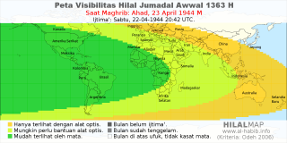HilalMap: Peta Visibilitas Hilal Jumadal-Awwal 1363 H: rukyat tanggal 1944-4-23 M