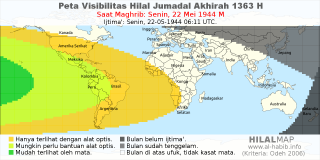HilalMap: Peta Visibilitas Hilal Jumadal-Akhirah 1363 H: rukyat tanggal 1944-5-22 M