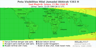 HilalMap: Peta Visibilitas Hilal Jumadal-Akhirah 1363 H: rukyat tanggal 1944-5-23 M