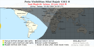 HilalMap: Peta Visibilitas Hilal Rajab 1363 H: rukyat tanggal 1944-6-20 M