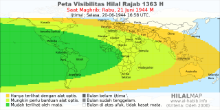 HilalMap: Peta Visibilitas Hilal Rajab 1363 H: rukyat tanggal 1944-6-21 M